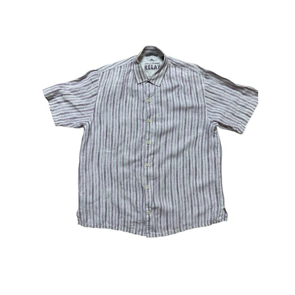 Tommy Bahama Relax Linen Shirt Large Purple Stripe Short Sleeve
